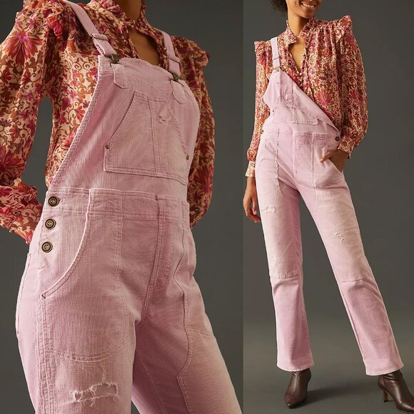 Anthropologie Pilcro The Wanderer Corduroy Overalls Size 27 Distressed Pink $180 - Picture 1 of 16